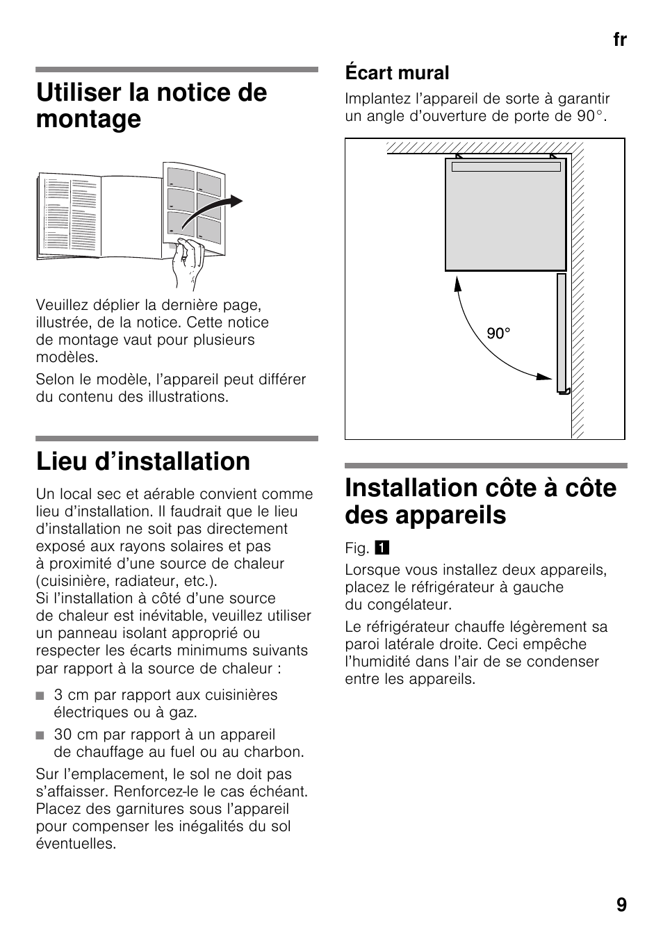 Utiliser la notice de montage, Lieu d’installation, Écart mural | Installation côte à côte des appareils, Appareil indépendant, Utiliser la notice de montage lieu d’installation, Appareils, Fr 9 | Siemens KS36WPI30 User Manual | Page 9 / 34