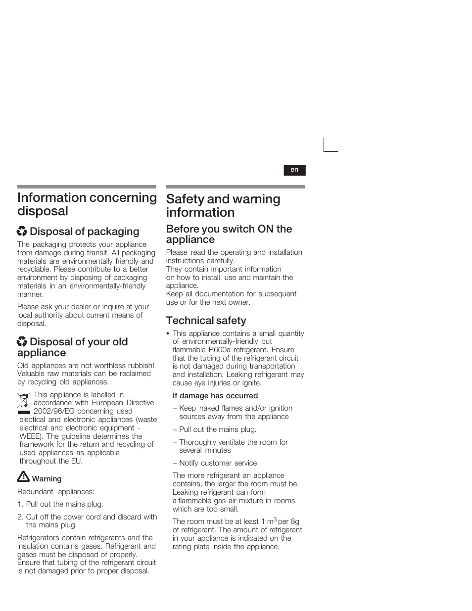 Information concerning disposal, Safety and warning information, X disposal of packaging | X disposal of your old appliance, Before you switch on the appliance, Technical safety | Siemens KI34VV21FF User Manual | Page 15 / 64