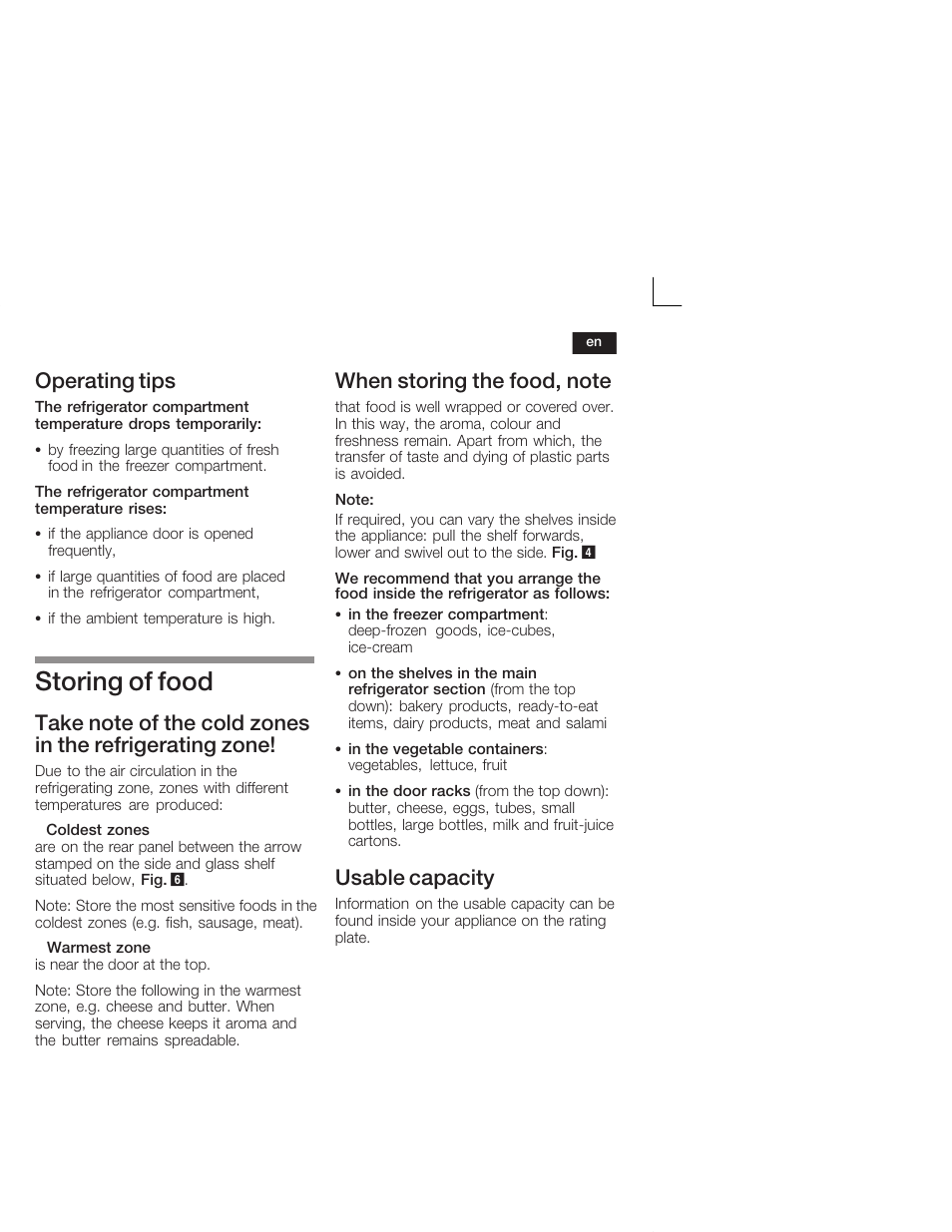 Storing of food, Operating tips, Usable capacity | Siemens KI34VV21FF User Manual | Page 19 / 64