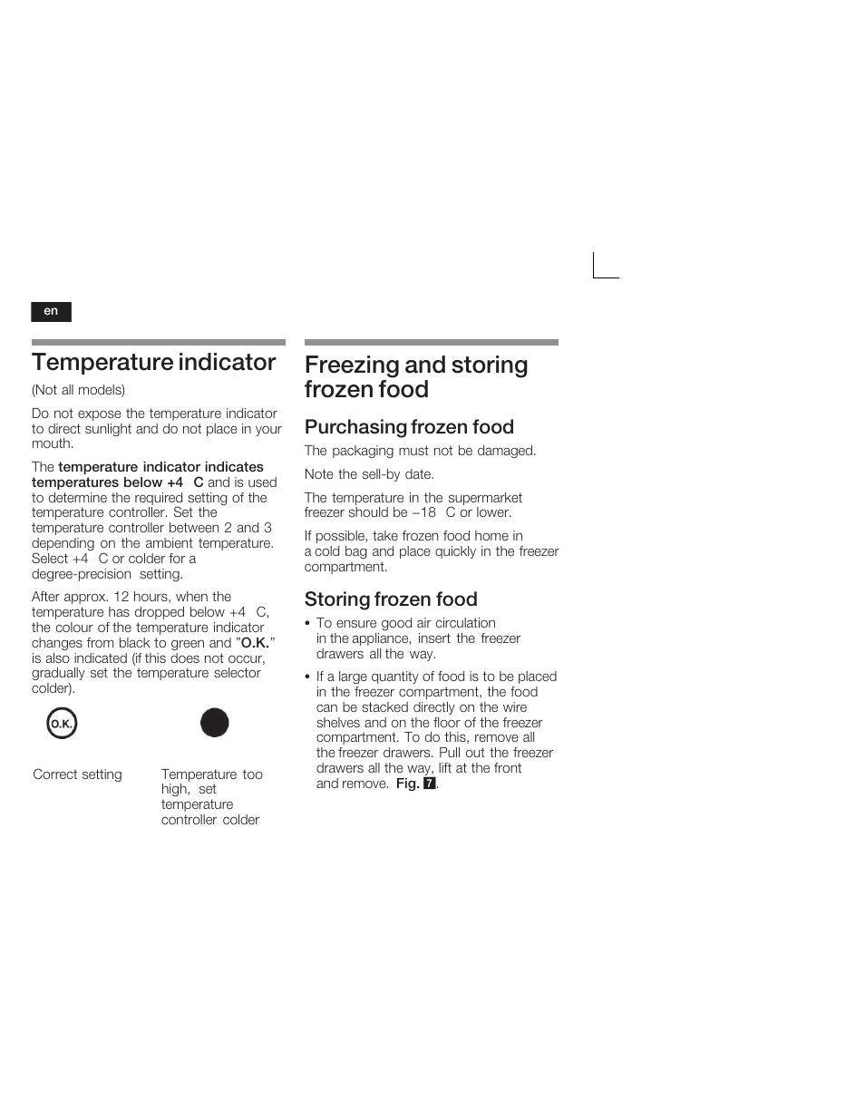 Temperature indicator, Freezing and storing frozen food, Purchasing frozen food | Storing frozen food | Siemens KI34VV21FF User Manual | Page 20 / 64