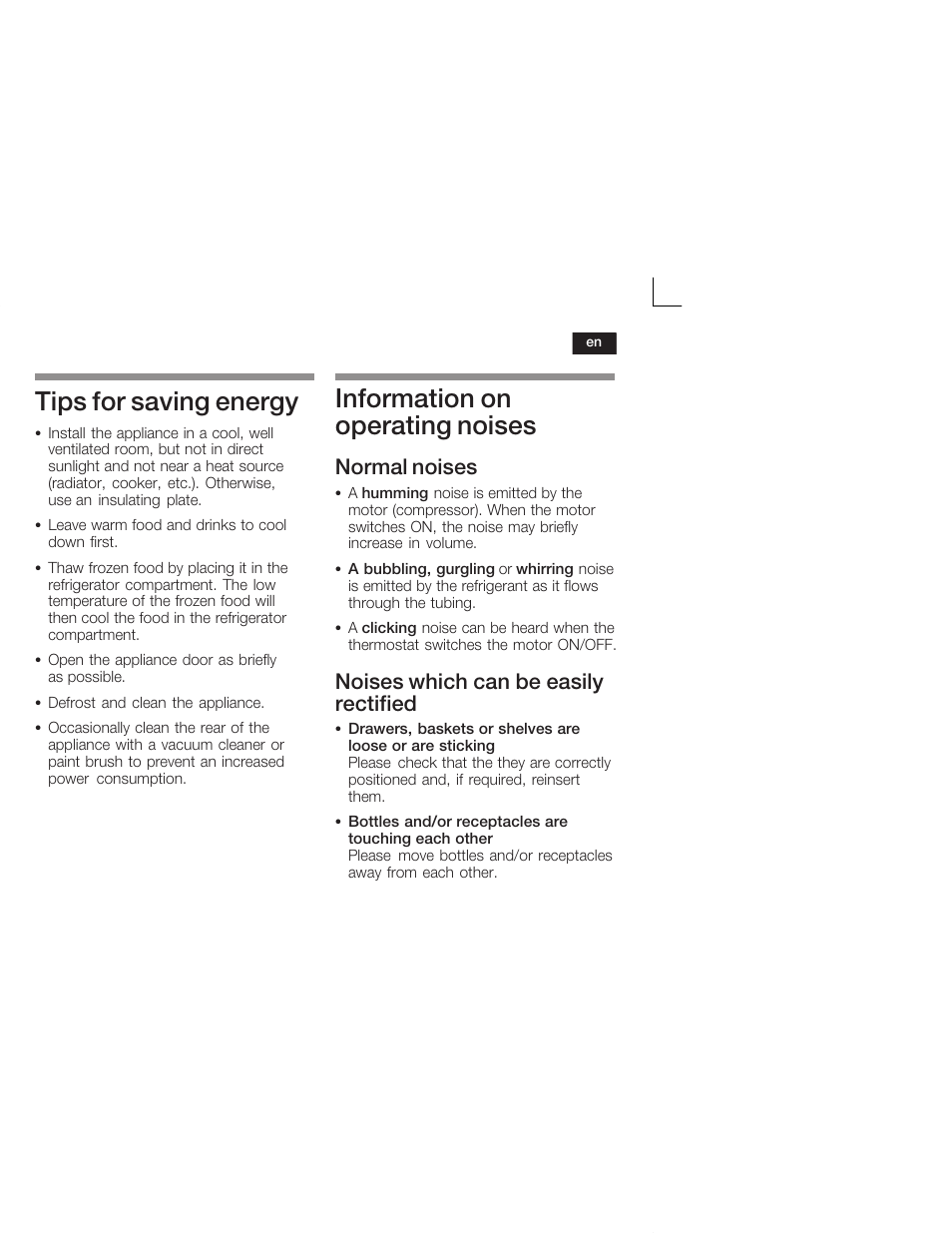 Tips for saving energy, Information on operating noises, Normal noises | Noises which can be easily rectified | Siemens KI34VV21FF User Manual | Page 23 / 64