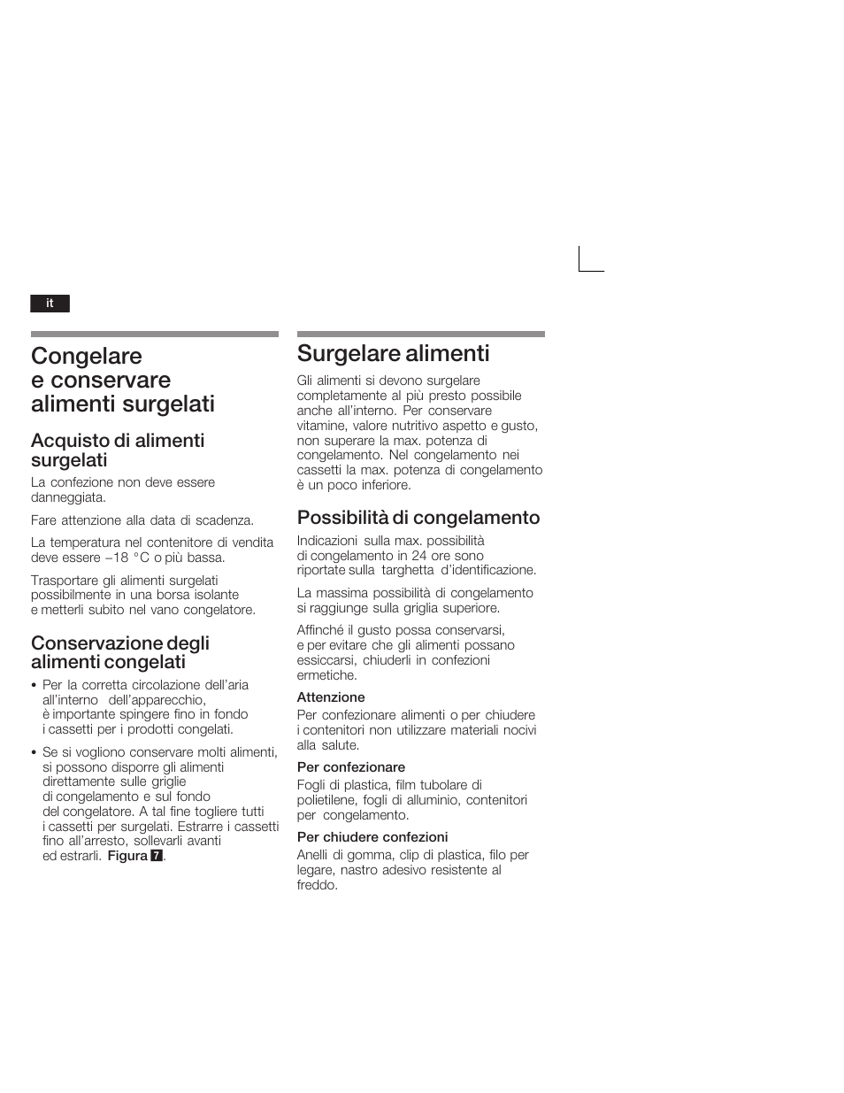 Congelare e conservare alimenti surgelati, Surgelare alimenti, Acquisto di alimenti surgelati | Conservazione degli alimenti congelati, Possibilità di congelamento | Siemens KI34VV21FF User Manual | Page 44 / 64