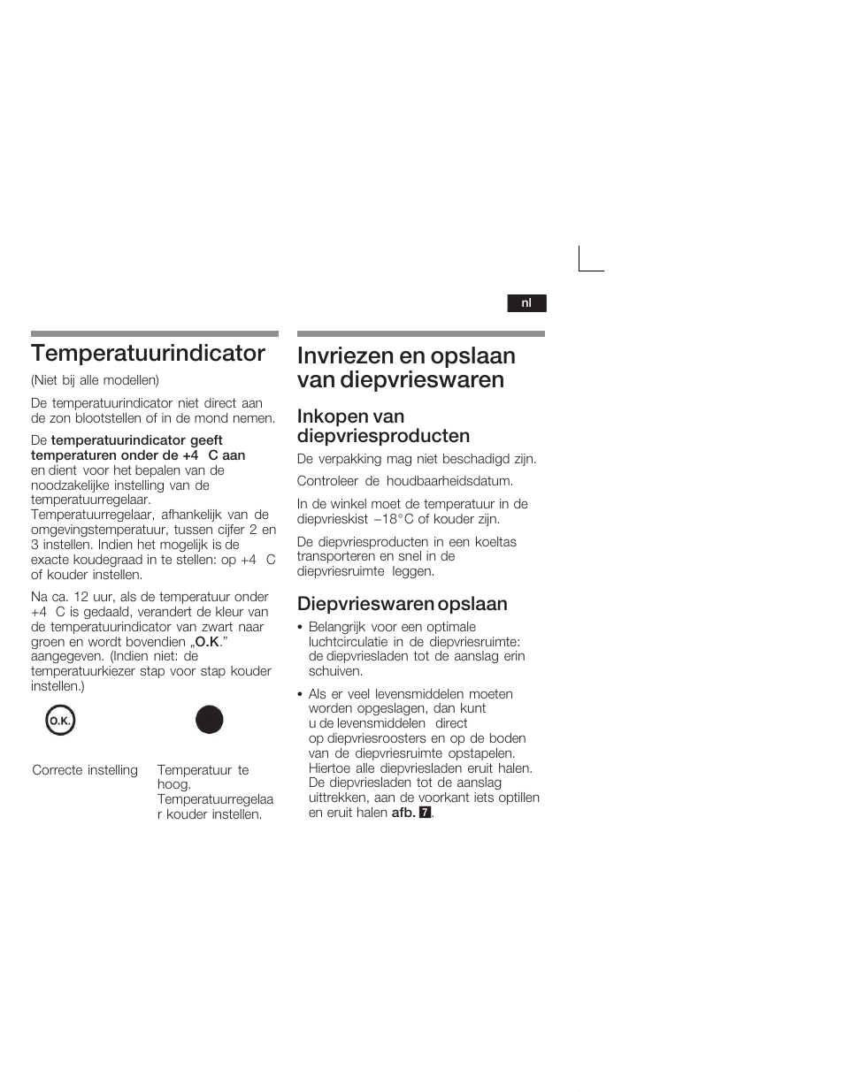 Temperatuurindicator, Invriezen en opslaan van diepvrieswaren, Inkopen van diepvriesproducten | Diepvrieswaren opslaan | Siemens KI34VV21FF User Manual | Page 55 / 64