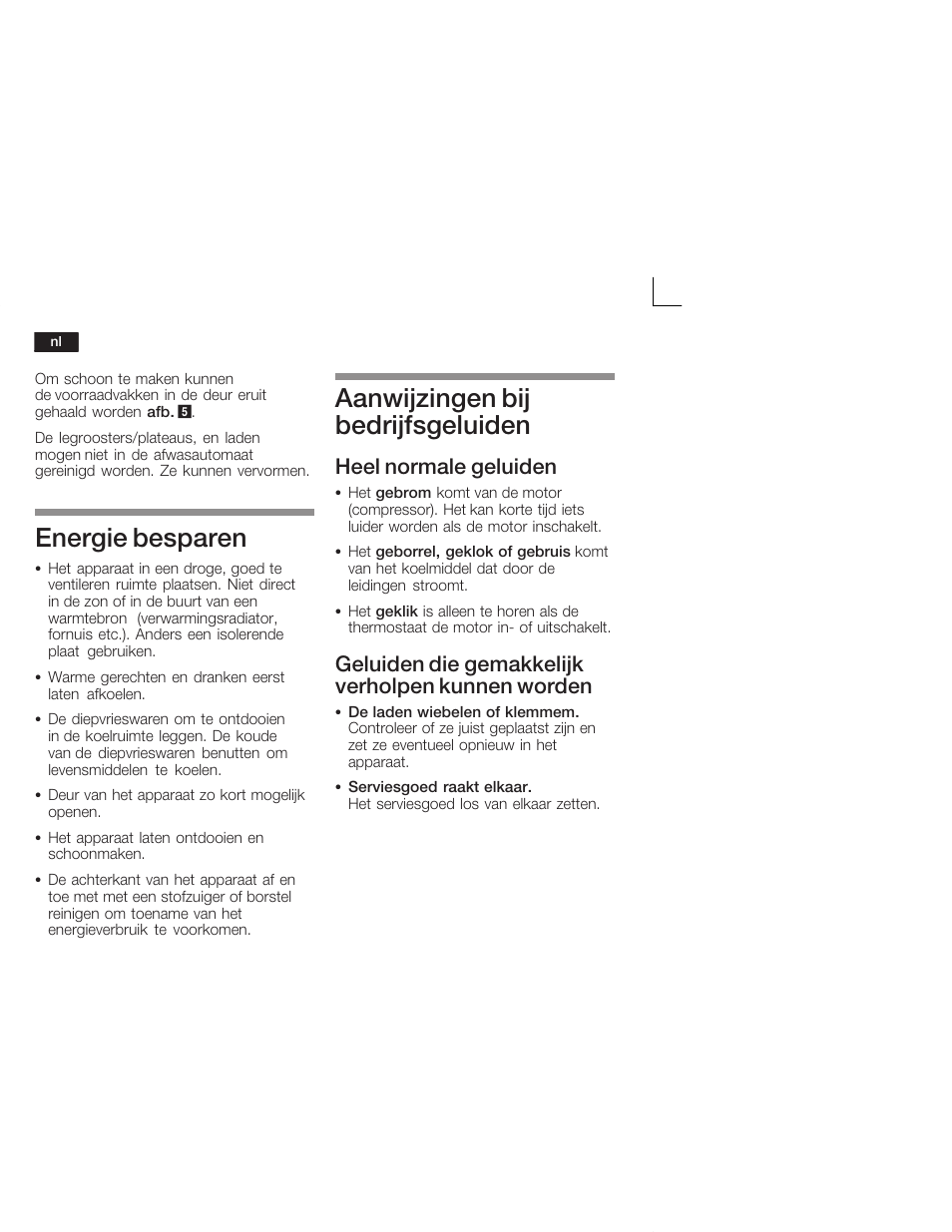Energie besparen, Aanwijzingen bij bedrijfsgeluiden, Heel normale geluiden | Geluiden die gemakkelijk verholpen kunnen worden | Siemens KI34VV21FF User Manual | Page 58 / 64