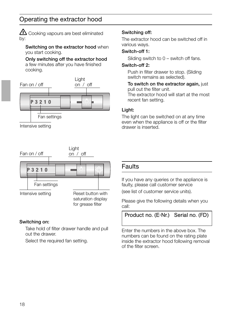 Operating the extractor hood, Faults | Siemens LI44630 User Manual | Page 18 / 100