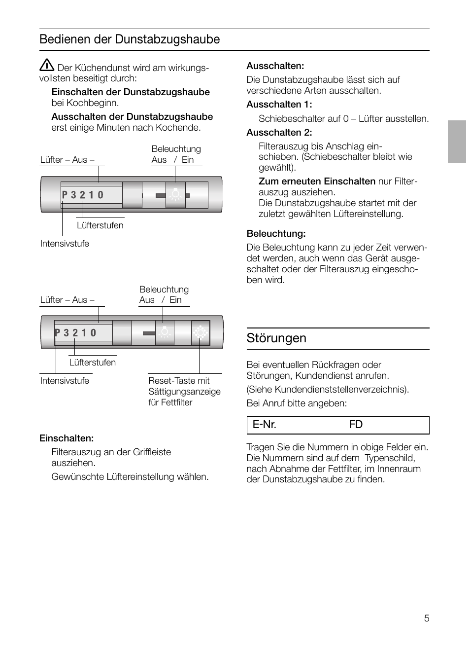 Bedienen der dunstabzugshaube, Störungen | Siemens LI44630 User Manual | Page 5 / 100