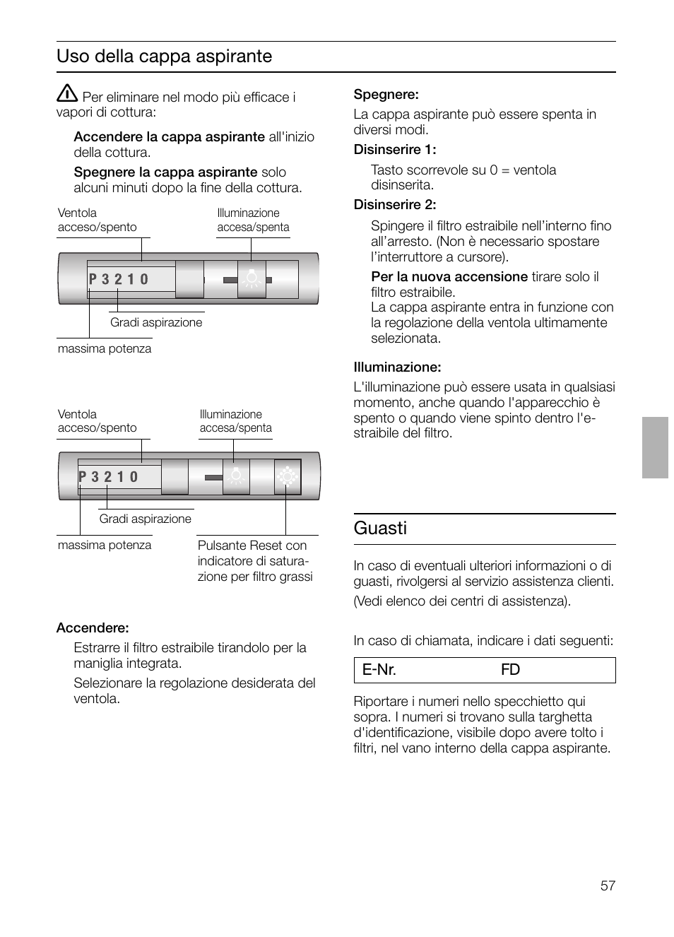 Uso della cappa aspirante, Guasti | Siemens LI44630 User Manual | Page 57 / 100