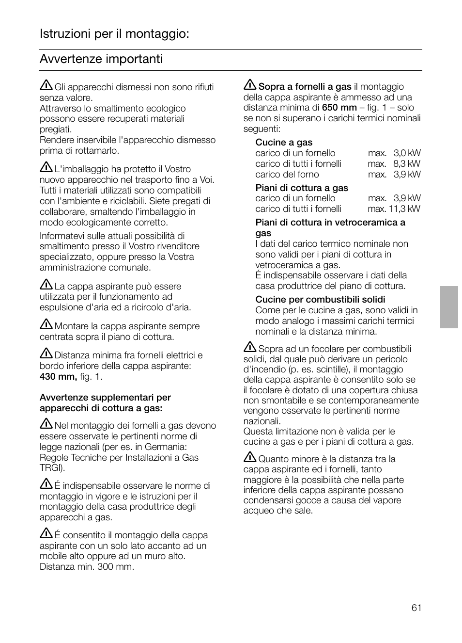 Avvertenze importanti istruzioni per il montaggio | Siemens LI44630 User Manual | Page 61 / 100