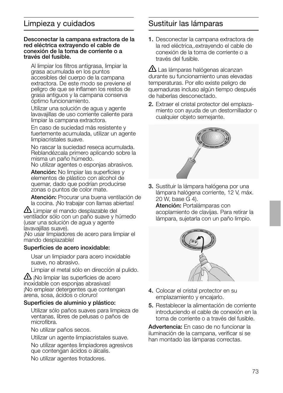 Limpieza y cuidados, Sustituir las lámparas | Siemens LI44630 User Manual | Page 73 / 100