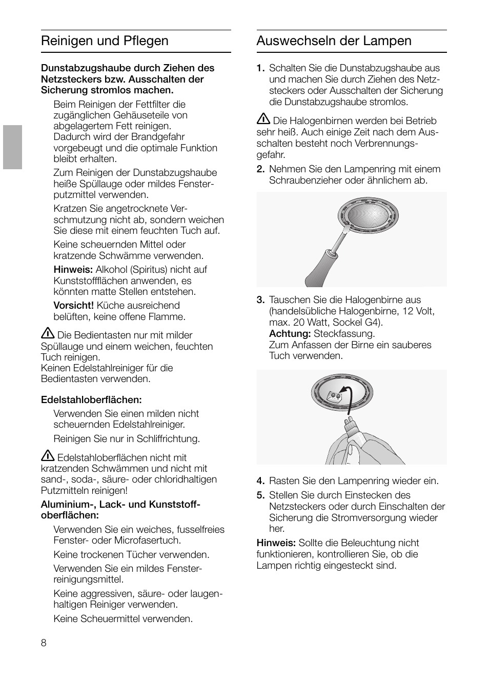 Reinigen und pflegen, Auswechseln der lampen | Siemens LI44630 User Manual | Page 8 / 100