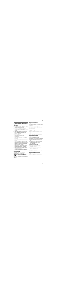 Cleaning the appliance, M caution, Interior fittings | Taking out the door shelf “easylift, Removing the container, Taking out the partition, Remove telescopic rails, Installing telescopic rails, Removing cover from the door ventilation | Siemens KS36FPI30 User Manual | Page 27 / 79