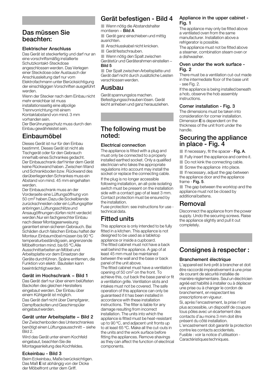 Das müssen sie beachten, Einbaumöbel, Gerät befestigen ć bild 4 | Ausbau, Fitted units, Securing the appliance in place ć fig. 4, Removal, Consignes à respecter | Siemens HB84E562 User Manual | Page 4 / 12
