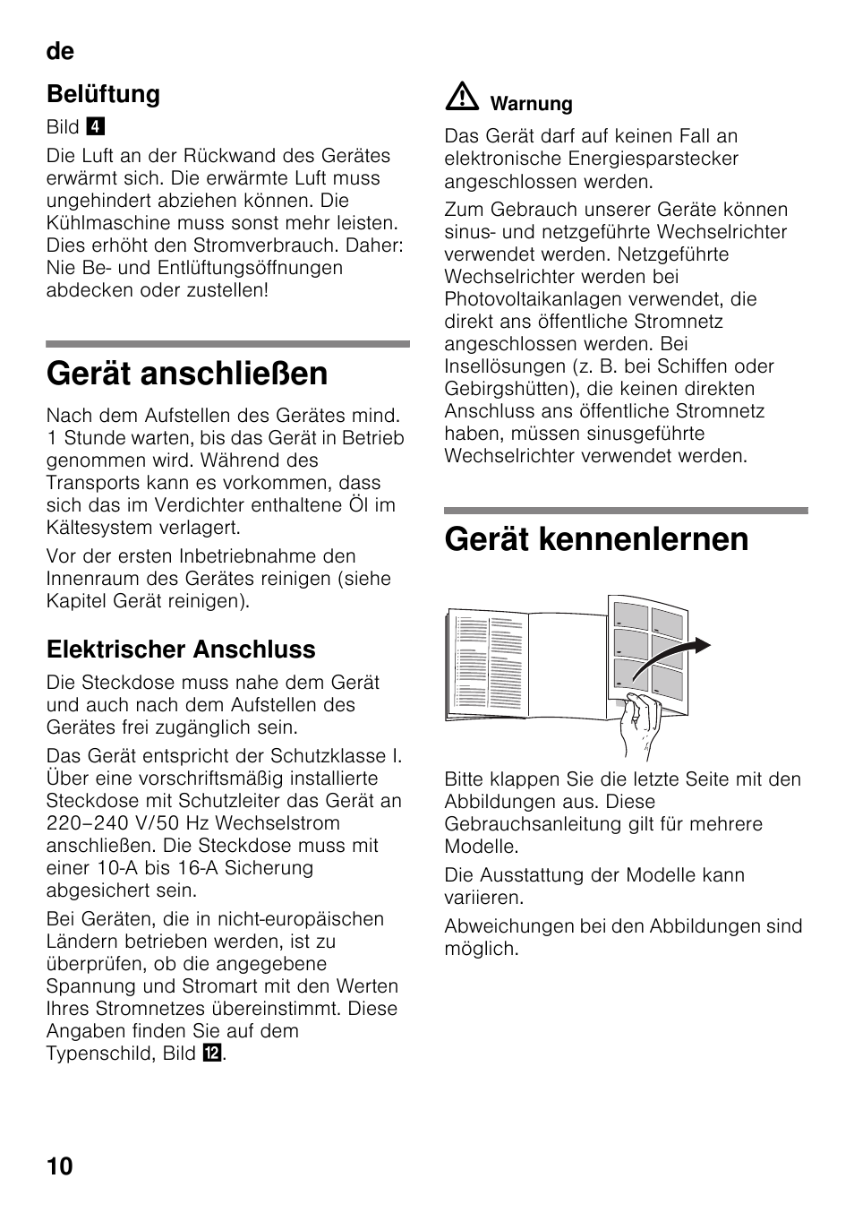 Belüftung, Gerät anschließen, Elektrischer anschluss | Gerät kennenlernen, Gerät anschließen gerät kennenlernen, De 10 belüftung | Siemens GS29NVW30 User Manual | Page 10 / 97