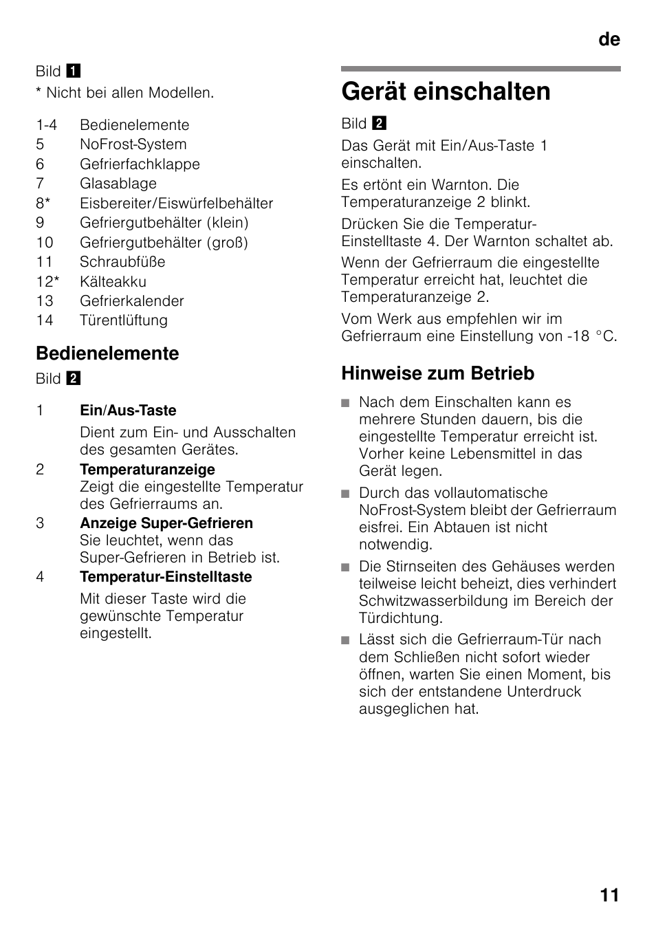 Bedienelemente, Gerät einschalten, Hinweise zum betrieb | De 11 | Siemens GS29NVW30 User Manual | Page 11 / 97