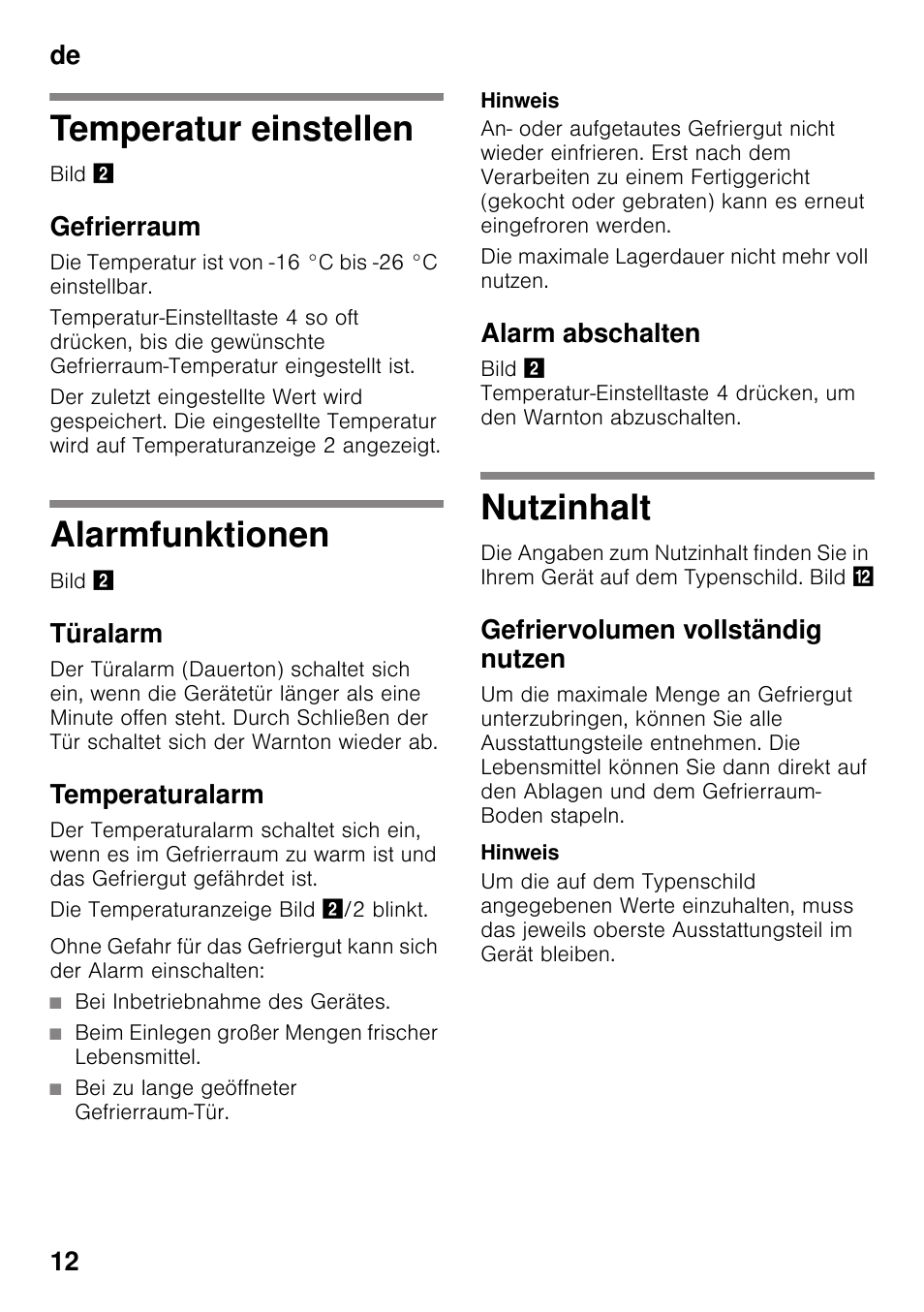 Temperatur einstellen, Gefrierraum, Alarmfunktionen | Türalarm, Temperaturalarm, Alarm abschalten, Nutzinhalt, Gefriervolumen vollständig nutzen, Temperatur einstellen alarmfunktionen nutzinhalt, De 12 | Siemens GS29NVW30 User Manual | Page 12 / 97