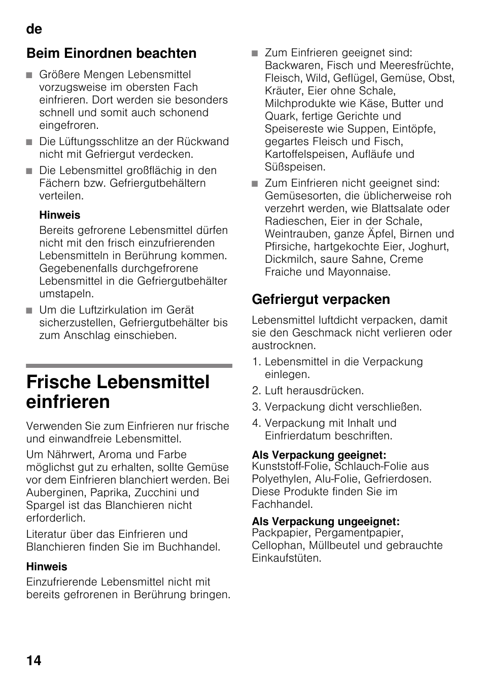 Beim einordnen beachten, Frische lebensmittel einfrieren, Gefriergut verpacken | Als verpackung geeignet, Als verpackung ungeeignet, De 14 beim einordnen beachten | Siemens GS29NVW30 User Manual | Page 14 / 97