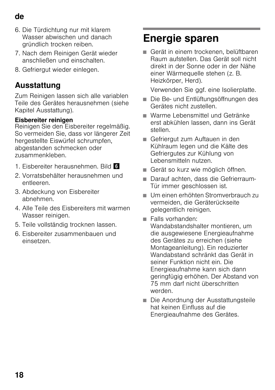 Ausstattung, Eisbereiter reinigen, Energie sparen | De 18 | Siemens GS29NVW30 User Manual | Page 18 / 97