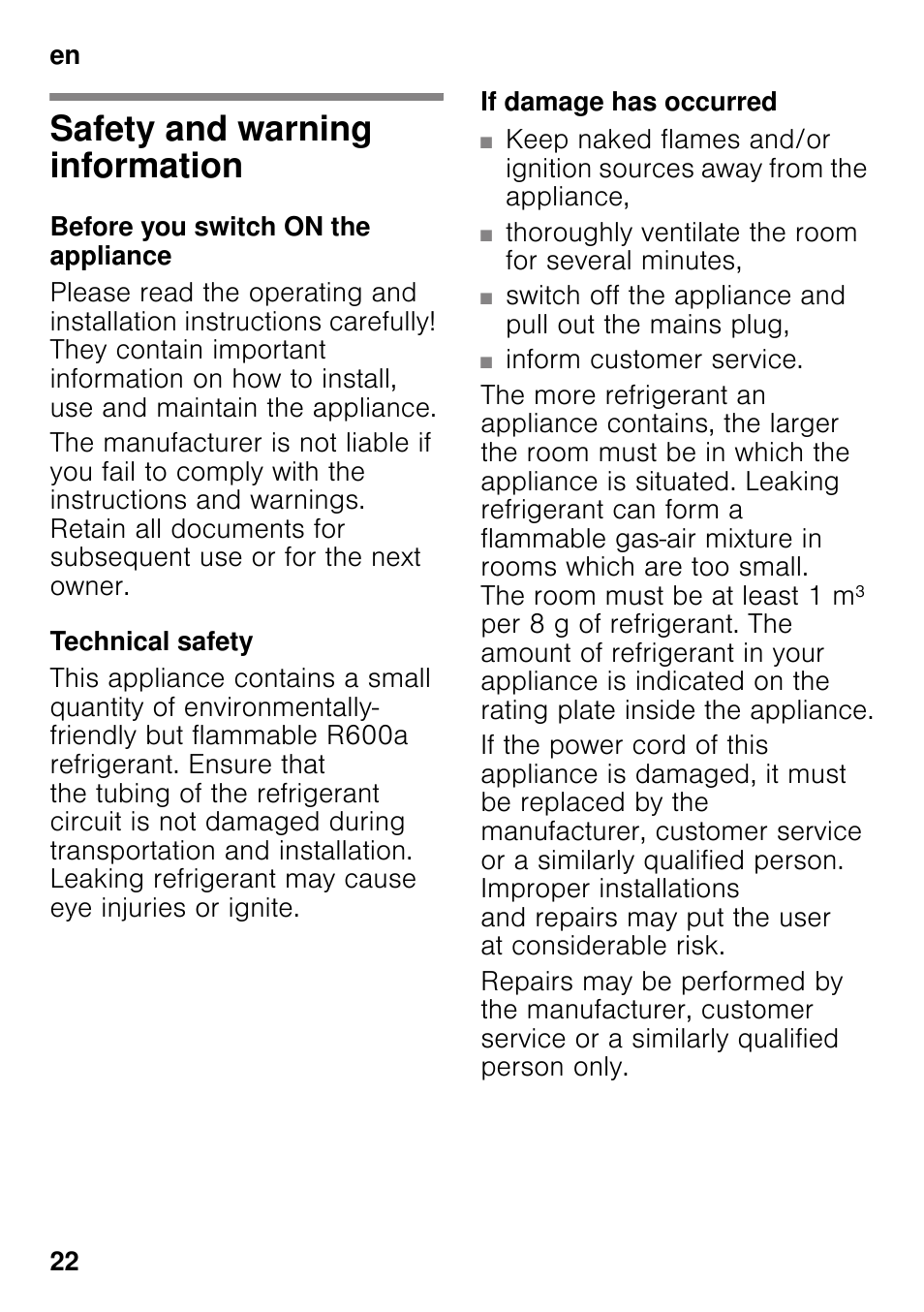 En table of contentsen instruction for use, Safety and warning information, Before you switch on the appliance | Technical safety, If damage has occurred, Instruction for use | Siemens GS29NVW30 User Manual | Page 22 / 97