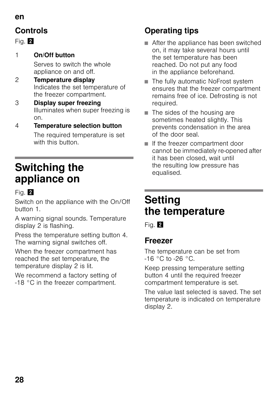 Controls, Switching the appliance on, Operating tips | Setting the temperature, Freezer, Switching the appliance on setting the temperature, En 28 controls | Siemens GS29NVW30 User Manual | Page 28 / 97