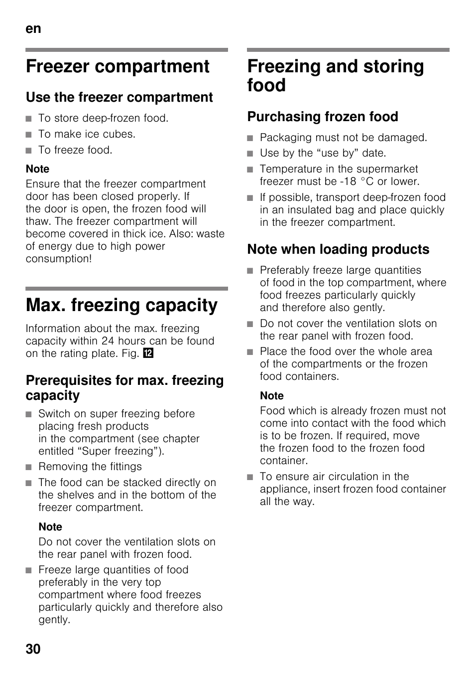 Freezer compartment, Use the freezer compartment, Max. freezing capacity | Prerequisites for max. freezing capacity, Freezing and storing food, Purchasing frozen food, Note when loading products, Freezer compartment max. freezing capacity, En 30 | Siemens GS29NVW30 User Manual | Page 30 / 97