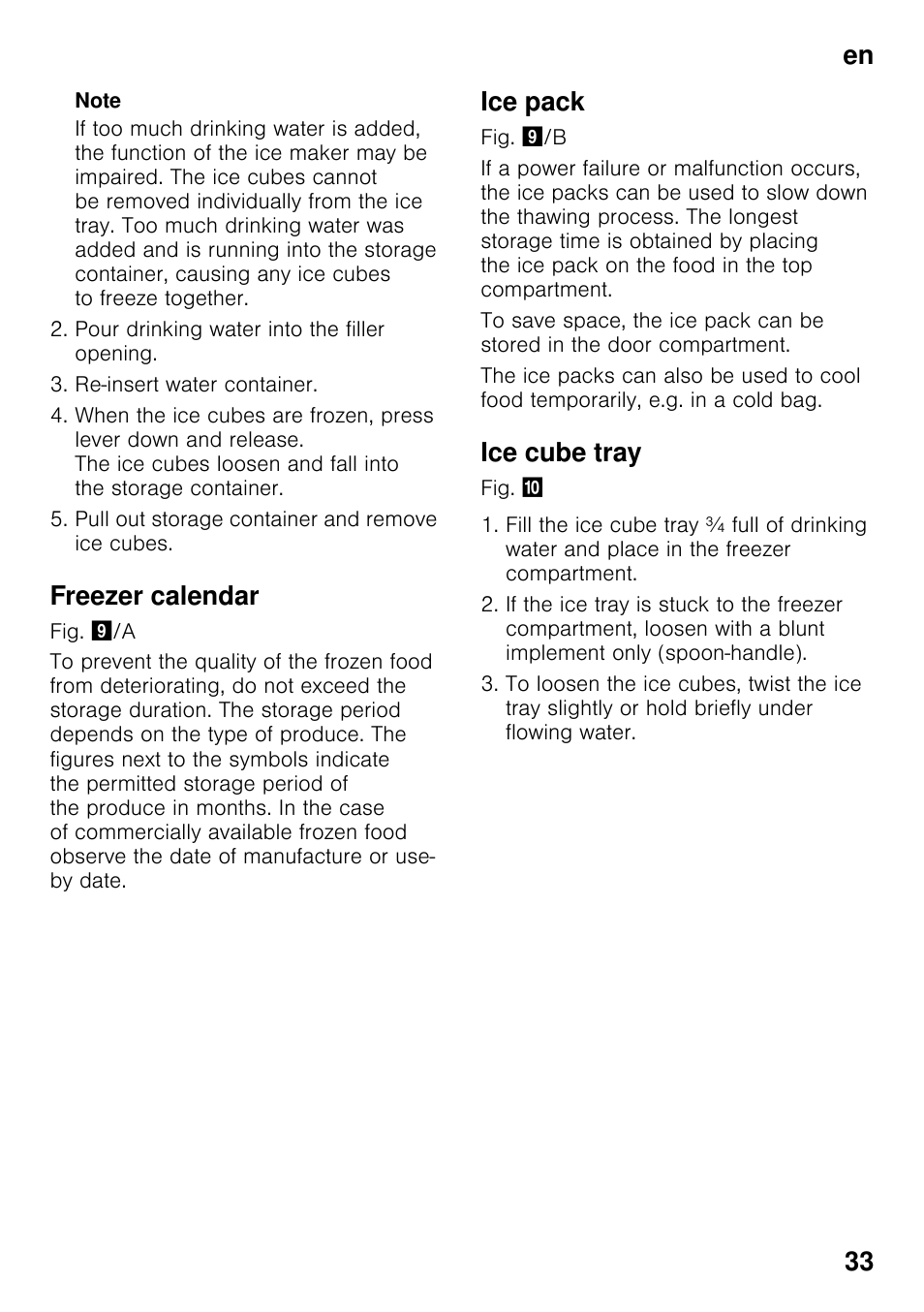 Freezer calendar, Ice pack, Ice cube tray | En 33 | Siemens GS29NVW30 User Manual | Page 33 / 97