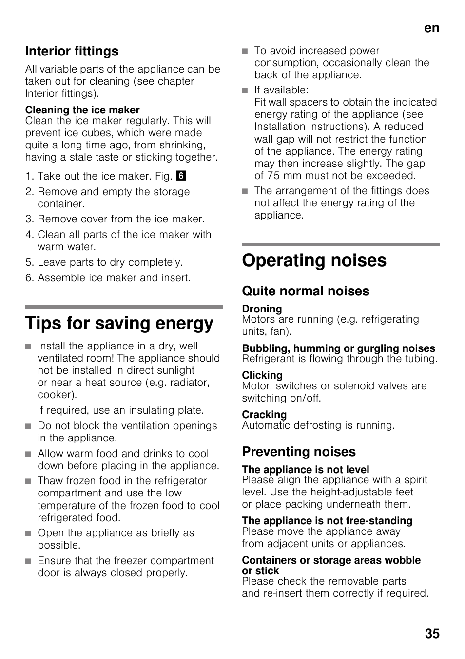 Interior fittings, Cleaning the ice maker, Tips for saving energy | Operating noises, Quite normal noises, Droning, Bubbling, humming or gurgling noises, Clicking, Cracking, Preventing noises | Siemens GS29NVW30 User Manual | Page 35 / 97