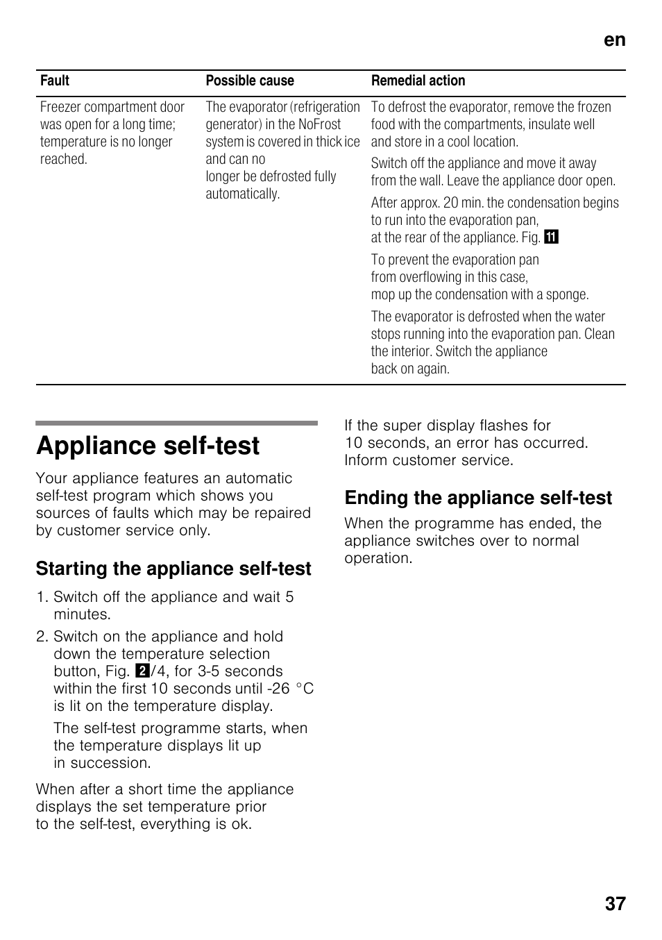 Appliance self-test, Starting the appliance self-test, Ending the appliance self-test | En 37 | Siemens GS29NVW30 User Manual | Page 37 / 97