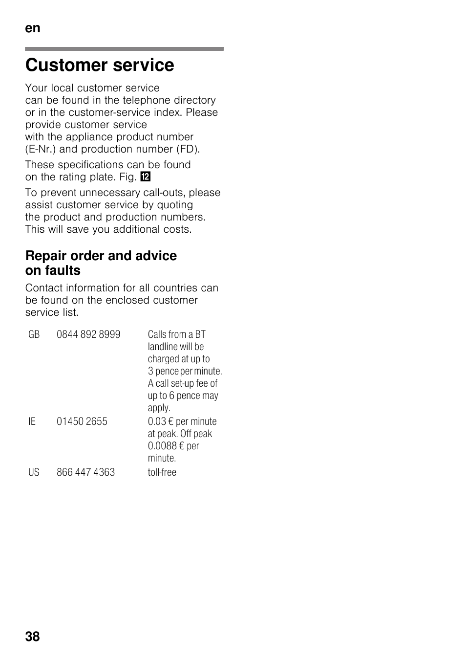 Customer service, Repair order and advice on faults, En 38 | Siemens GS29NVW30 User Manual | Page 38 / 97