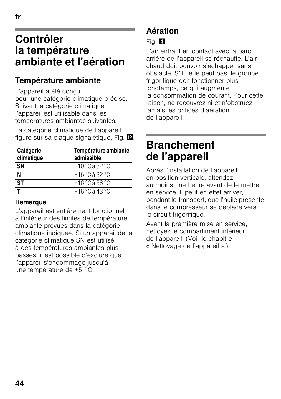 Contrôler la température ambiante et l'aération, Température ambiante, Aération | Branchement de l’appareil, Et l'aération branchement de l’appareil, Fr 44 | Siemens GS29NVW30 User Manual | Page 44 / 97