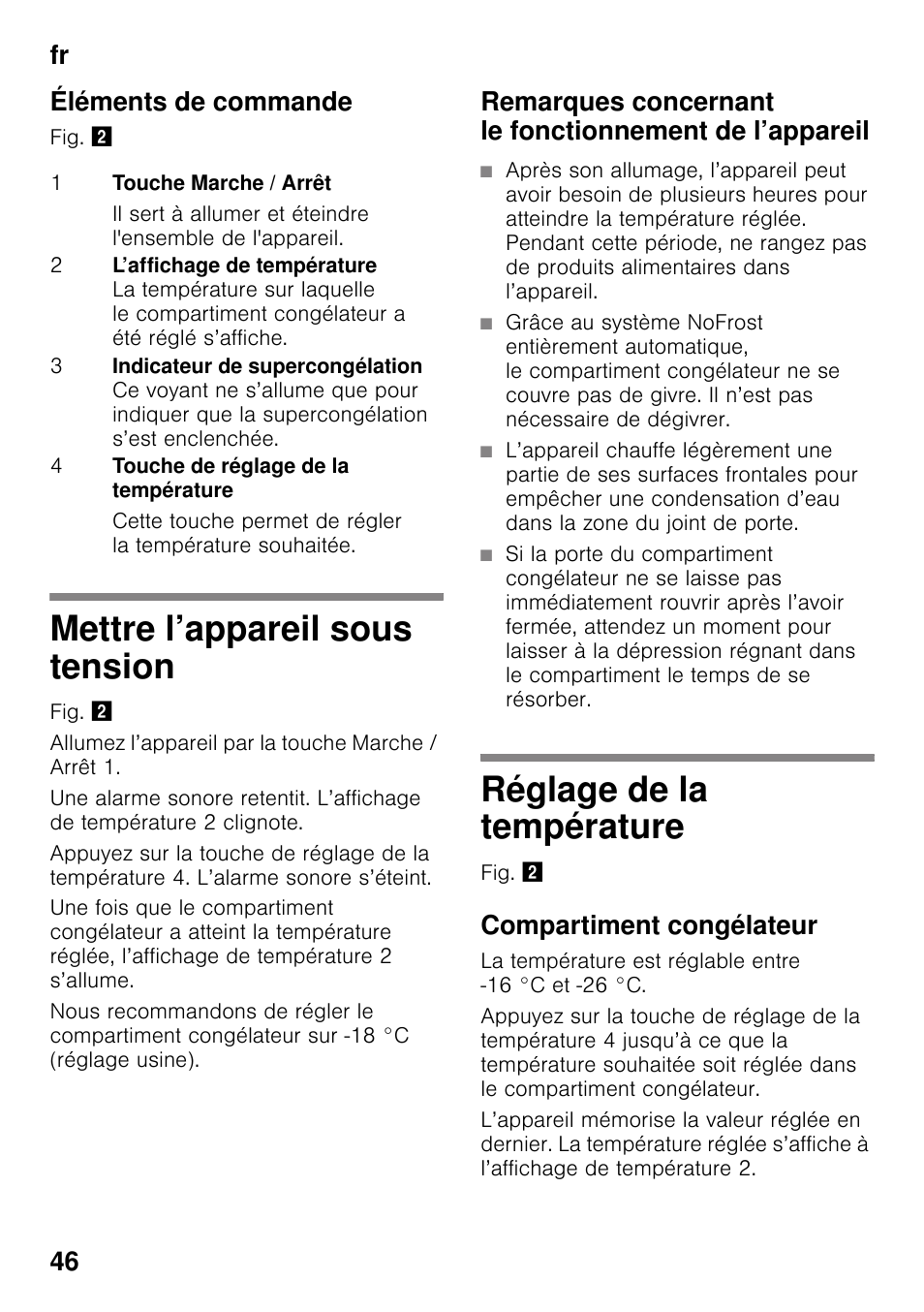 Éléments de commande, Mettre l’appareil sous tension, Réglage de la température | Compartiment congélateur, Fr 46 éléments de commande | Siemens GS29NVW30 User Manual | Page 46 / 97