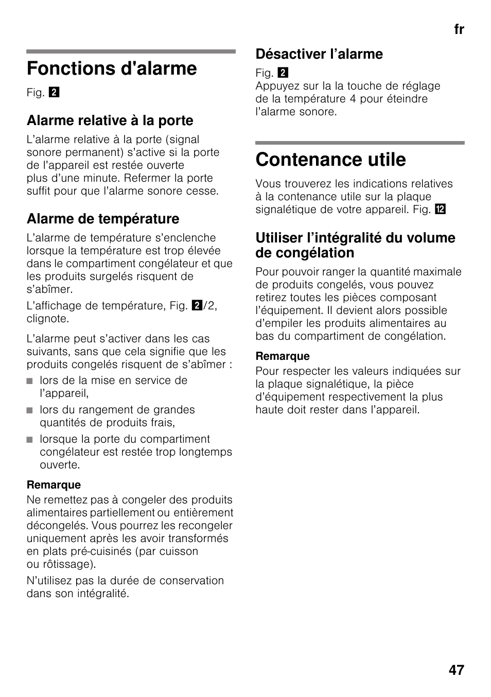 Fonctions d'alarme, Alarme relative à la porte, Alarme de température | Désactiver l’alarme, Contenance utile, Utiliser l’intégralité du volume de congélation, Fonctions d'alarme contenance utile, Fr 47 | Siemens GS29NVW30 User Manual | Page 47 / 97