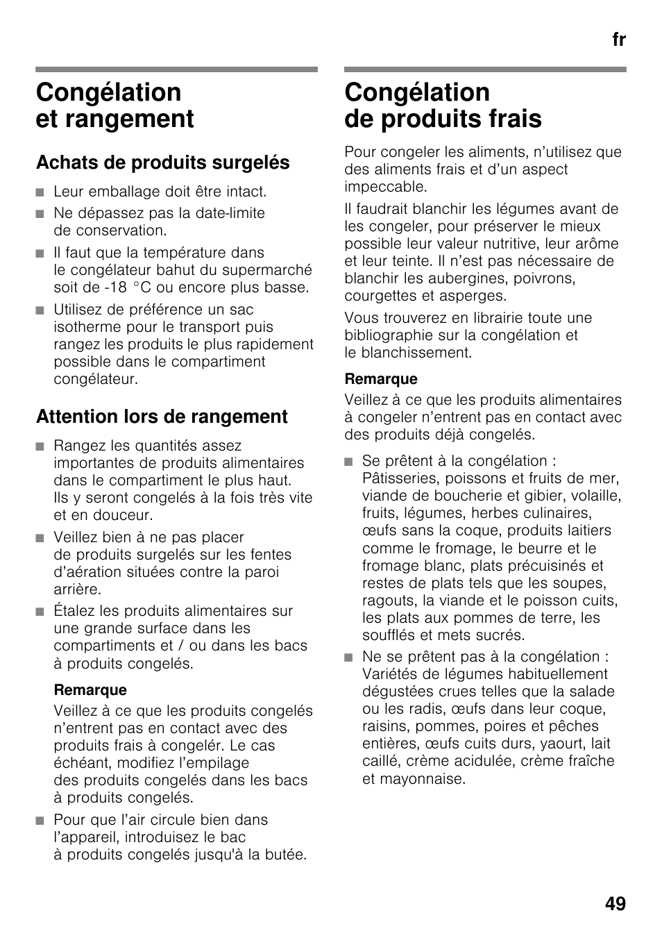 Congélation et rangement, Achats de produits surgelés, Attention lors de rangement | Congélation de produits frais, Fr 49 | Siemens GS29NVW30 User Manual | Page 49 / 97