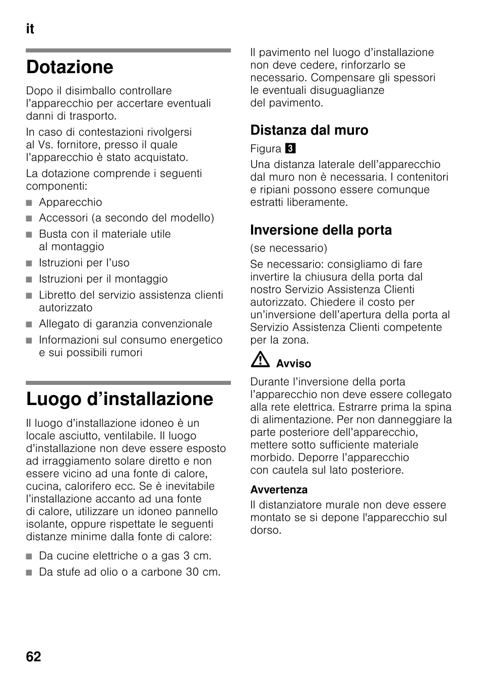 Dotazione, Luogo d’installazione, Distanza dal muro | Inversione della porta, Dotazione luogo d’installazione, It 62 | Siemens GS29NVW30 User Manual | Page 62 / 97