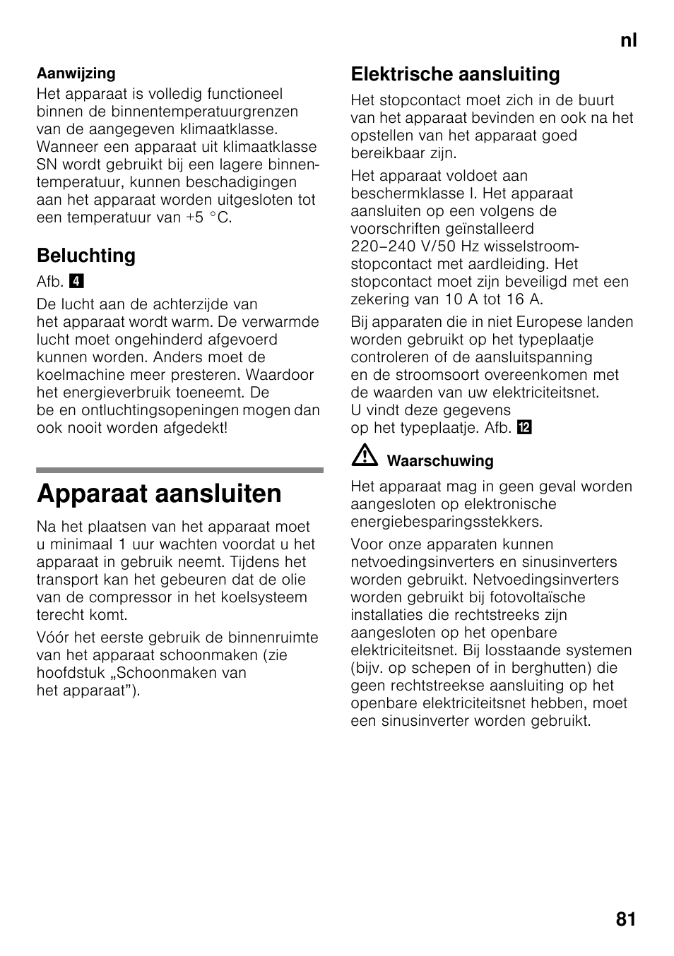 Beluchting, Apparaat aansluiten, Elektrische aansluiting | Nl 81 | Siemens GS29NVW30 User Manual | Page 81 / 97