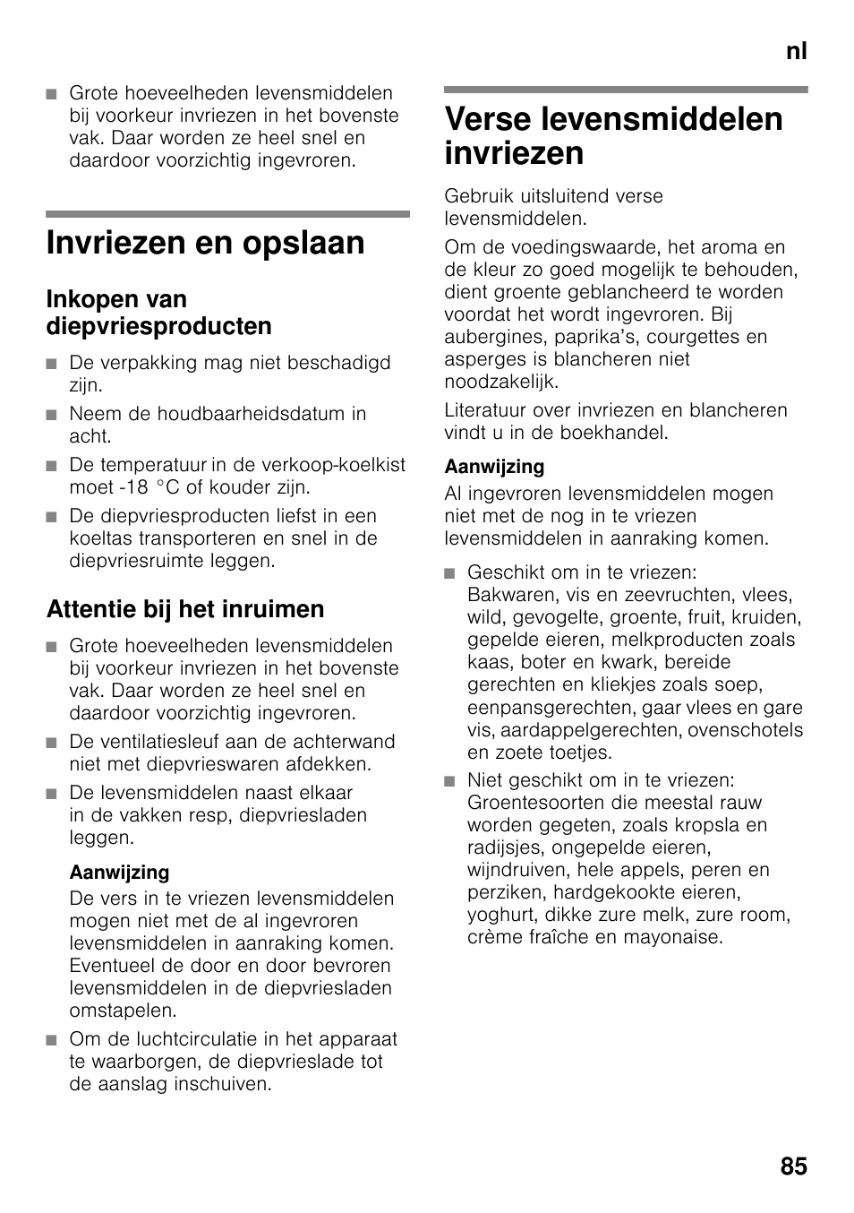 Invriezen en opslaan, Inkopen van diepvriesproducten, Attentie bij het inruimen | Verse levensmiddelen invriezen, Nl 85 | Siemens GS29NVW30 User Manual | Page 85 / 97