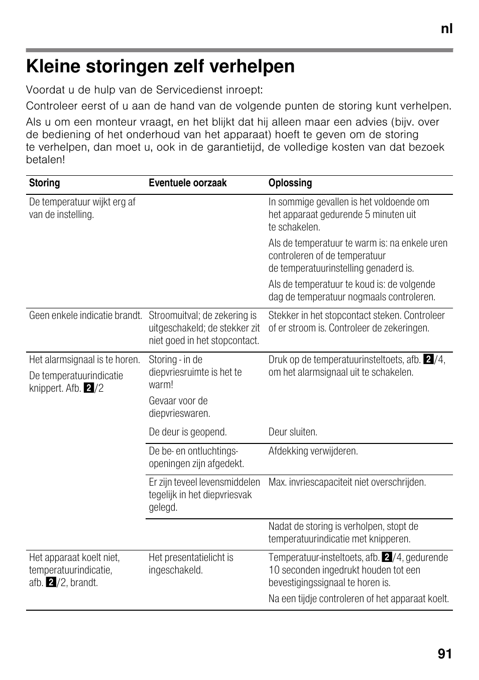 Kleine storingen zelf verhelpen, Nl 91 | Siemens GS29NVW30 User Manual | Page 91 / 97