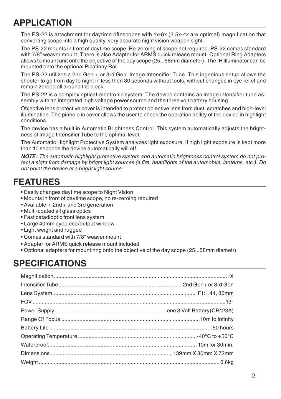 Application, Features, Specifications | ATN PS-22 User Manual | Page 3 / 8