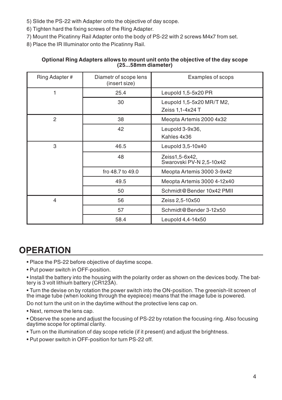 Operation | ATN PS-22 User Manual | Page 5 / 8