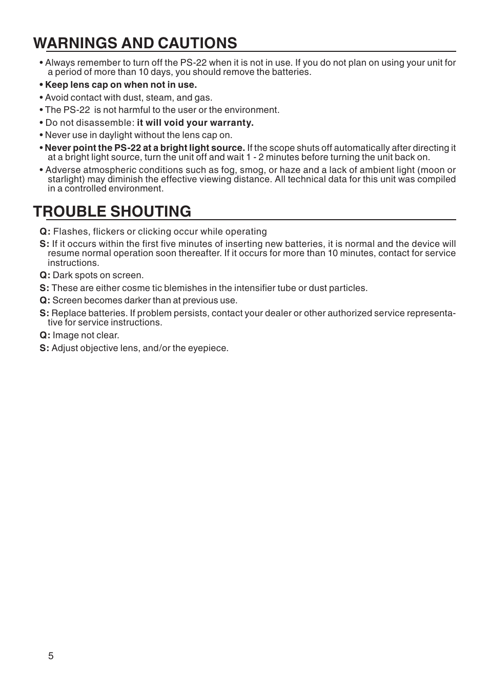 Warnings and cautions, Trouble shouting | ATN PS-22 User Manual | Page 6 / 8