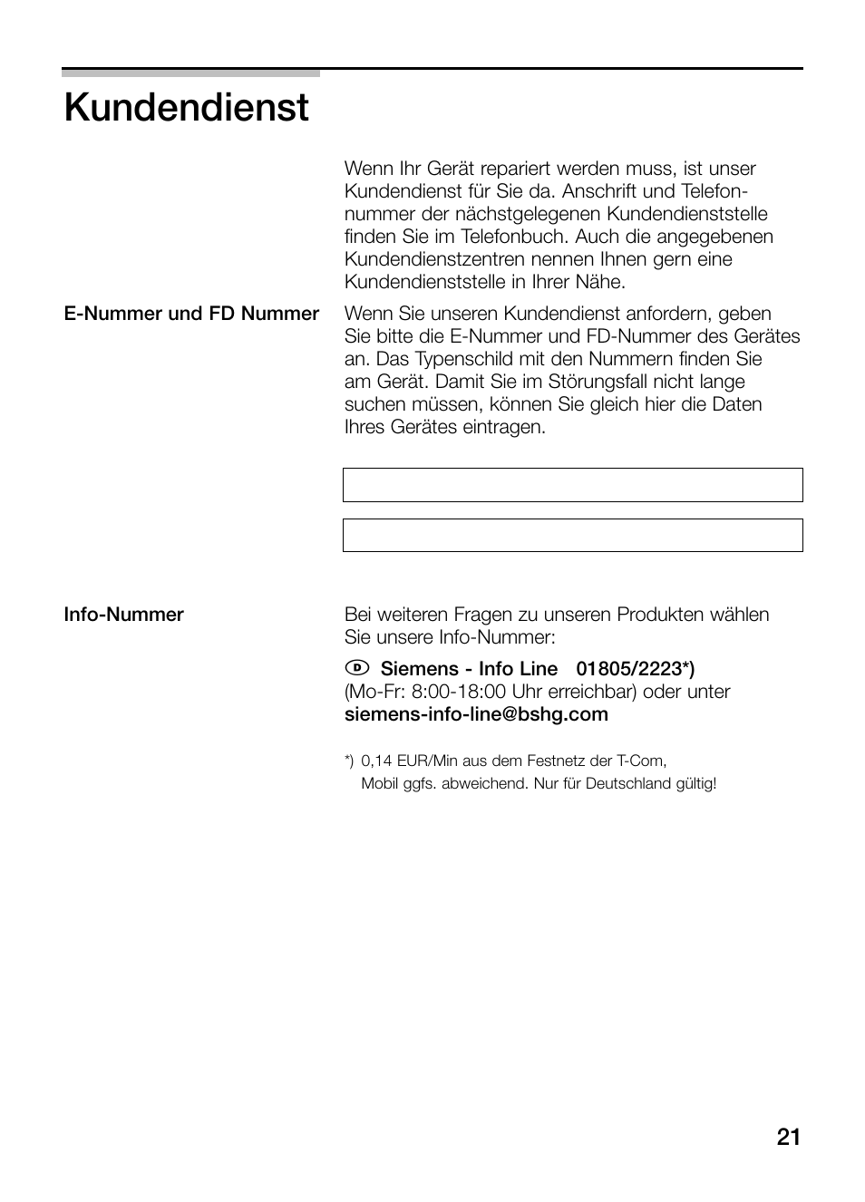 Kundendienst | Siemens ET475MY11E User Manual | Page 21 / 84