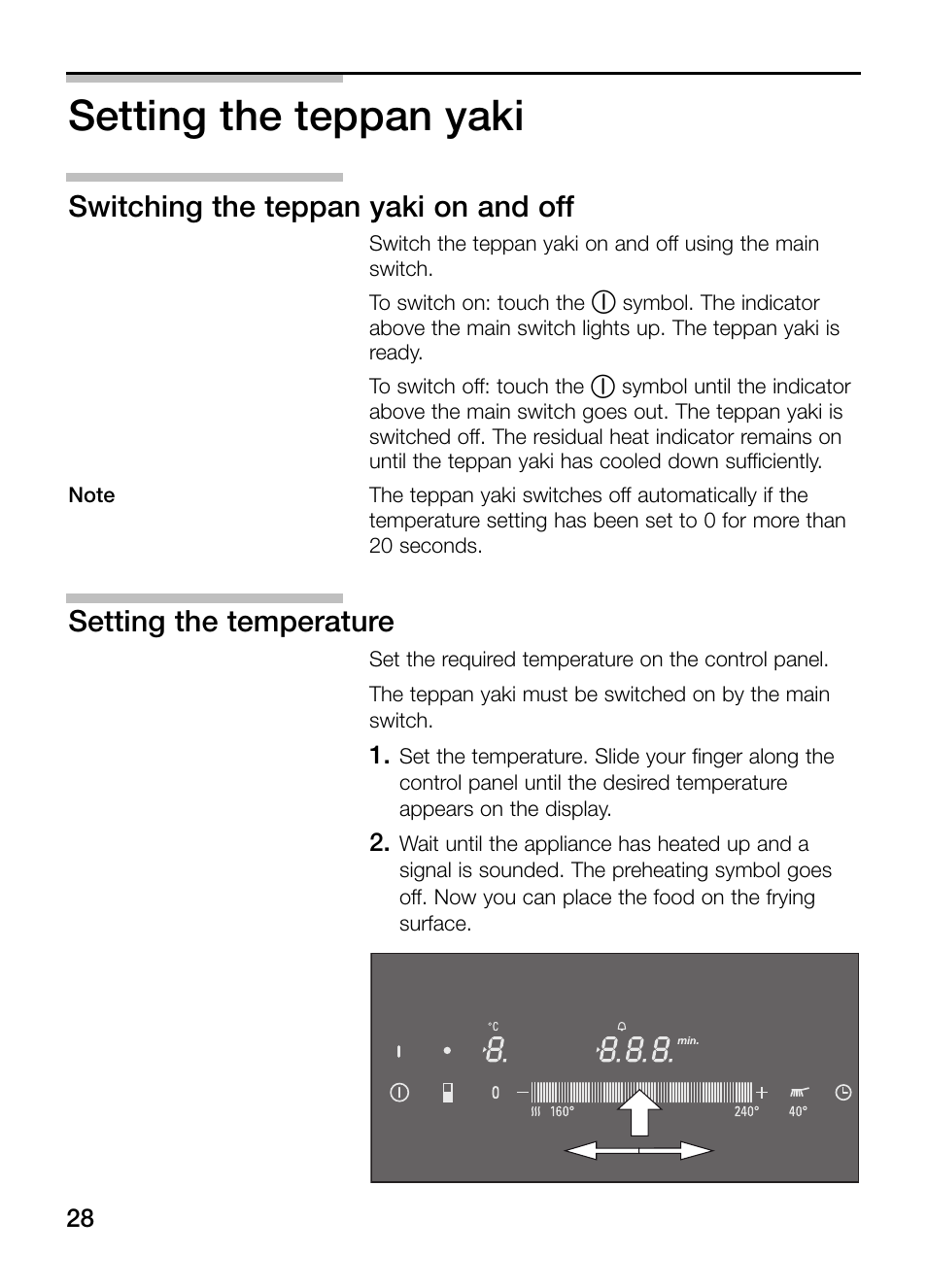 Setting the teppan yaki, Switching the teppan yaki on and off, Setting the temperature | Siemens ET475MY11E User Manual | Page 28 / 84