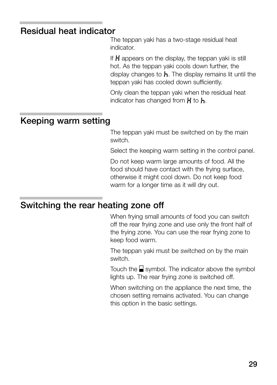 Residual heat indicator, Keeping warm setting, Switching the rear heating zone off | Siemens ET475MY11E User Manual | Page 29 / 84