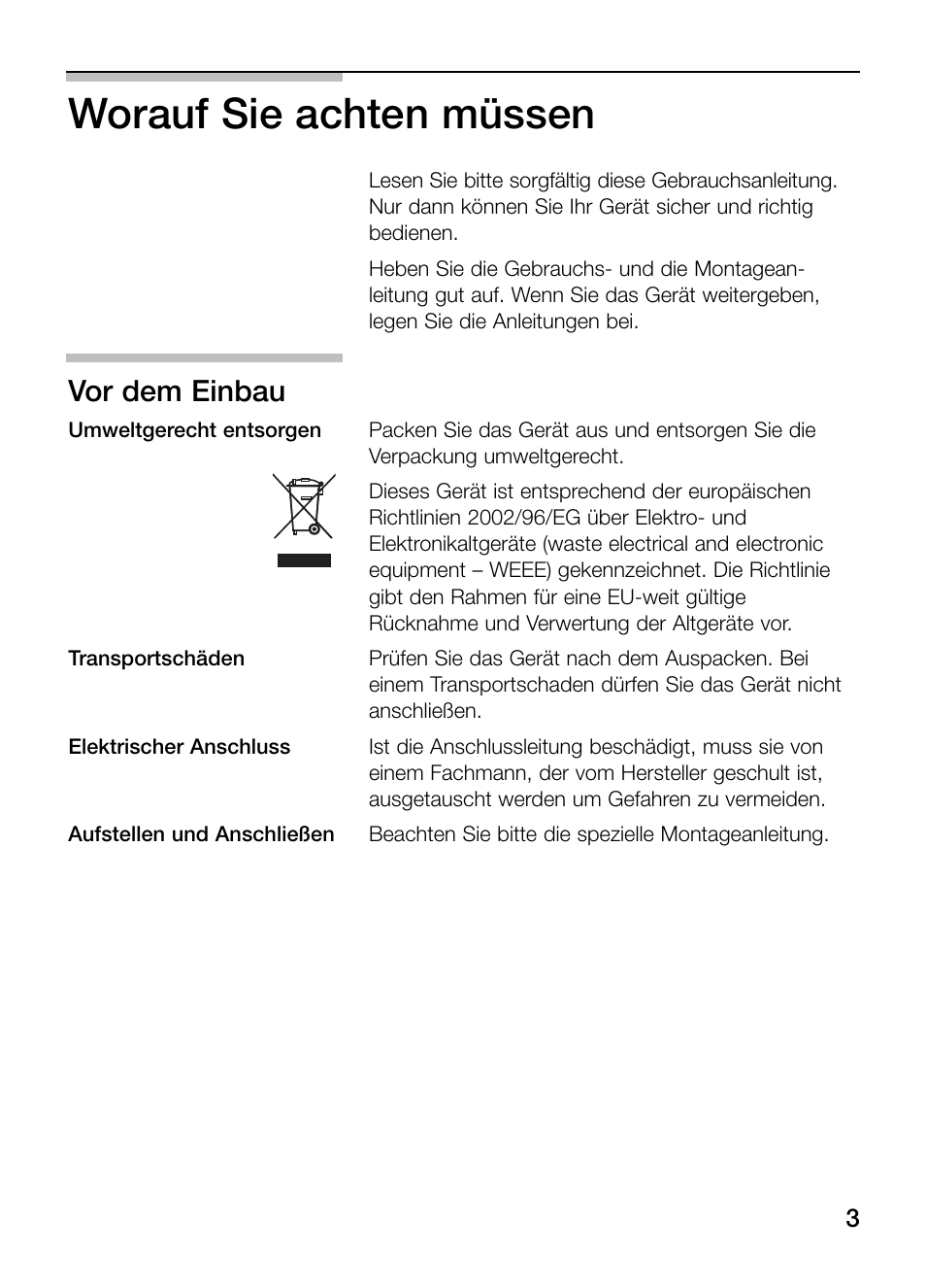 Worauf sie achten müssen, Vor dem einbau | Siemens ET475MY11E User Manual | Page 3 / 84