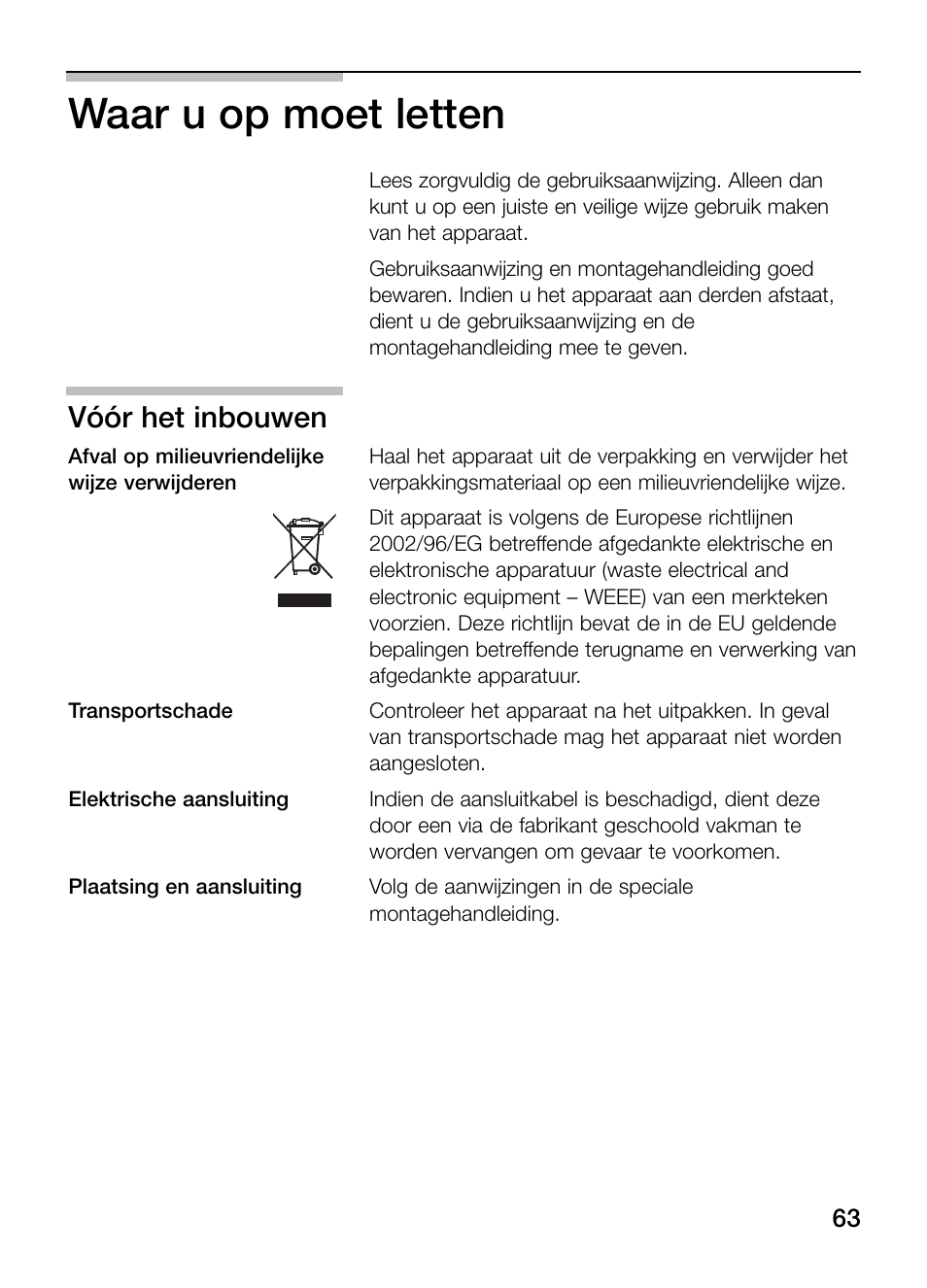 Waar u op moet letten, Vóór het inbouwen | Siemens ET475MY11E User Manual | Page 63 / 84