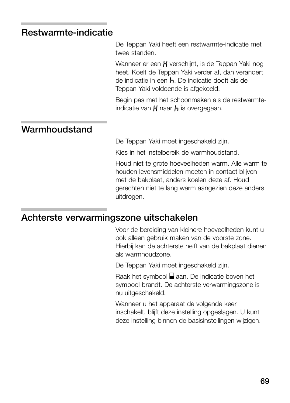 Restwarmte-indicatie, Warmhoudstand, Achterste verwarmingszone uitschakelen | Siemens ET475MY11E User Manual | Page 69 / 84