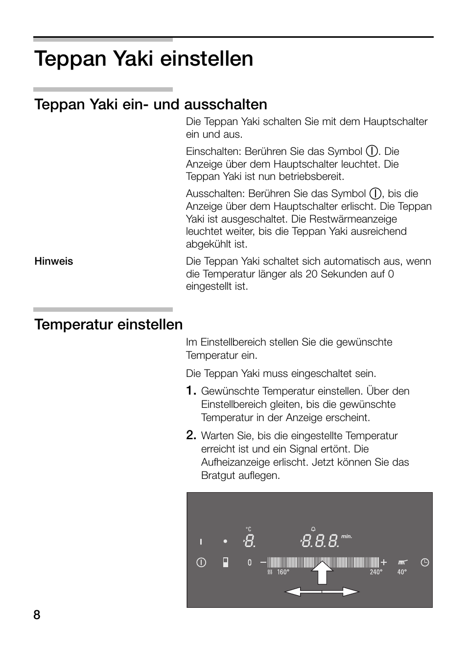 Teppan yaki einstellen, Teppan yaki ein- und ausschalten, Temperatur einstellen | Siemens ET475MY11E User Manual | Page 8 / 84