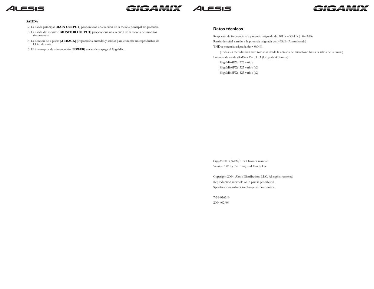 ALESIS GIGAMIX 6FX User Manual | Page 18 / 44