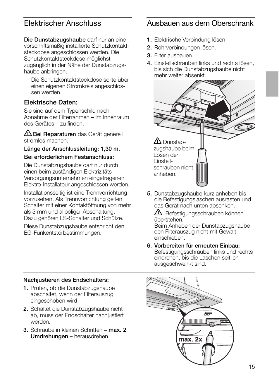 Ausbauen aus dem oberschrank, Elektrischer anschluss | Siemens LI44930 User Manual | Page 15 / 96