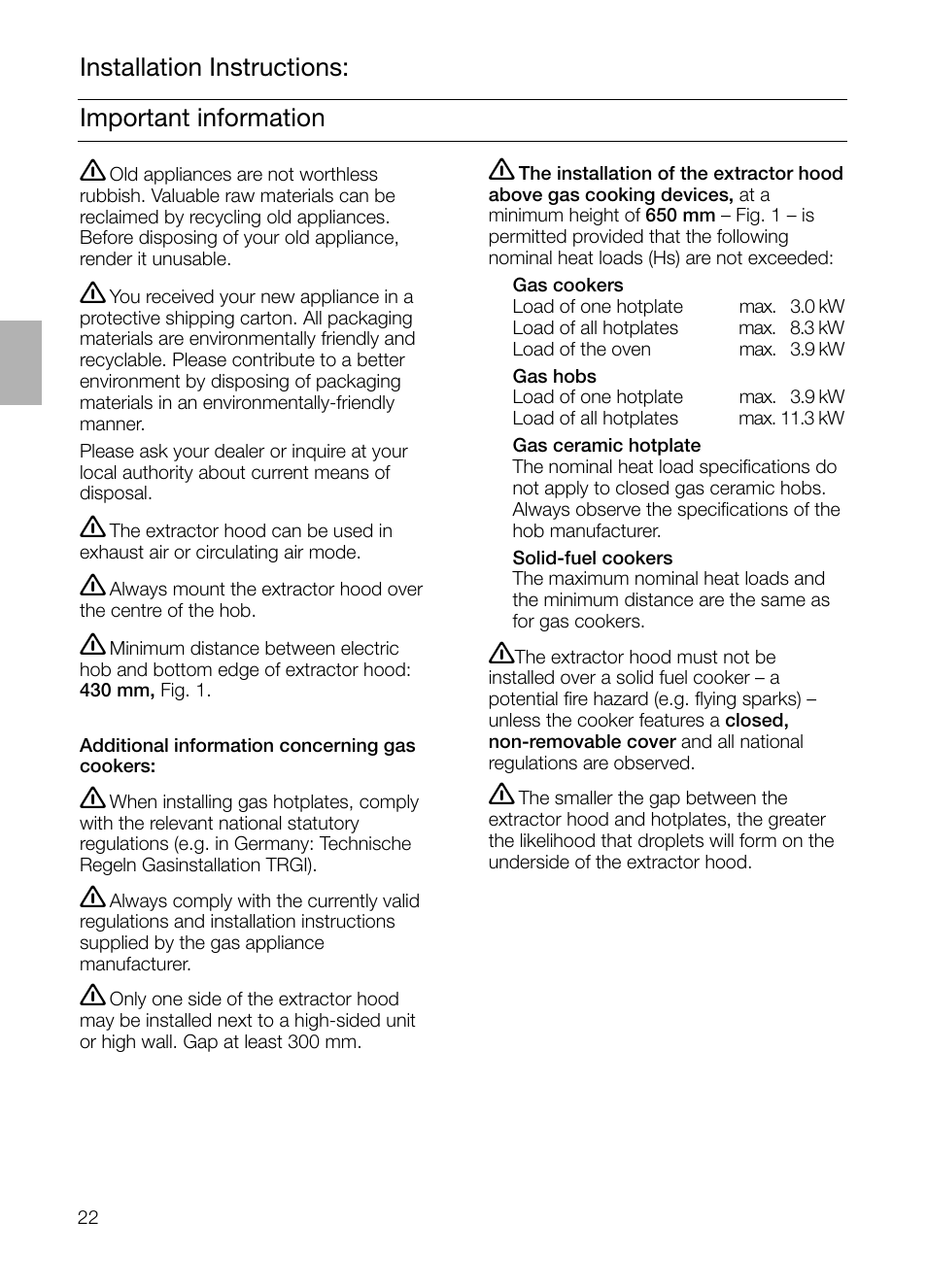 Important information installation instructions | Siemens LI44930 User Manual | Page 22 / 96