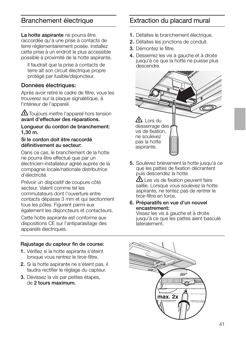 Extraction du placard mural, Branchement électrique | Siemens LI44930 User Manual | Page 41 / 96